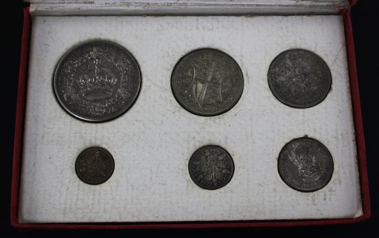 A George V New Types specimen coin set 1927, toning and spotting otherwise UNC.